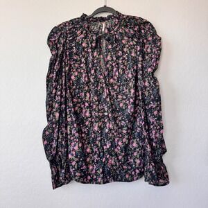 Free People Large Black Floral Print Ruffle Neck Tie Neck Long Sleeve Blouse Top
